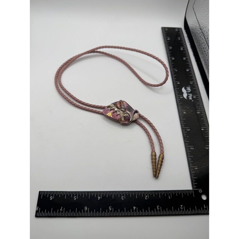 Vintage Artisan Ceramic‎ Bolo Tie Iridescent Purple Gold Abstract Pottery Pink